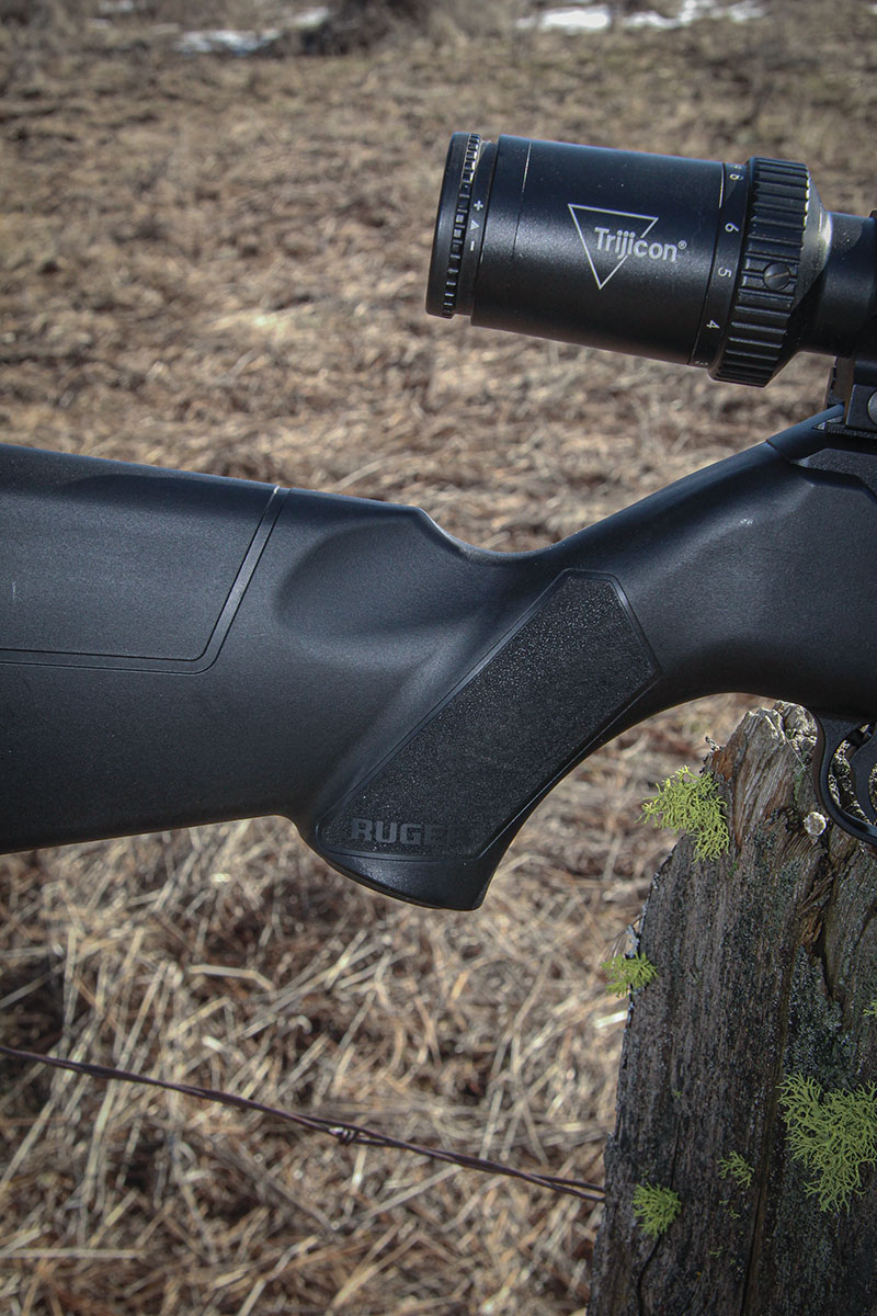 The grip area of the black synthetic stock on the Rueger PC Carbine include textured patches to give shooters a firm purchase while wearing gloves or shooting it in wet conditions.